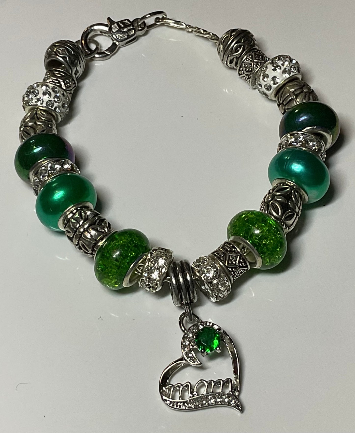 Green Mom Heart Charm Bracelet