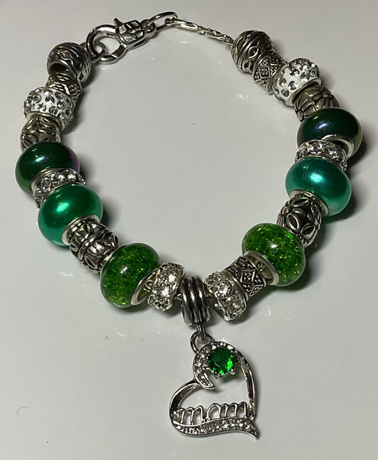 Green Mom Heart Charm Bracelet