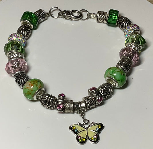 Green,Pink & Yellow Butterfly charm bracelet
